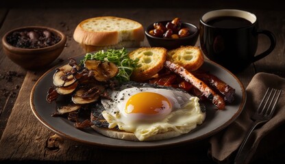 A traditional breakfast of fried eggs and bacon, mushrooms, toast, and coffee on a dark background.