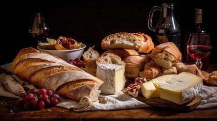 Fototapeta na wymiar A Spread of Crusty Bread, Fine Wine, Cheese, and Grapes