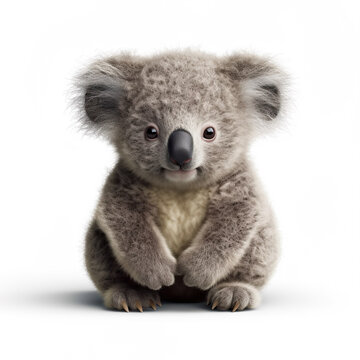 Cute little koala baby bear realistic photo generative AI illustration isolated on white background. Lovely baby animals concept