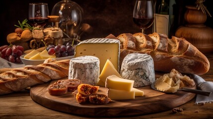 A Spread of Crusty Bread, Fine Wine, Cheese, and Grapes