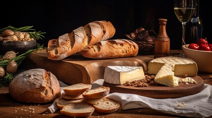 A Spread of Crusty Bread, Fine Wine, Cheese, and Grapes