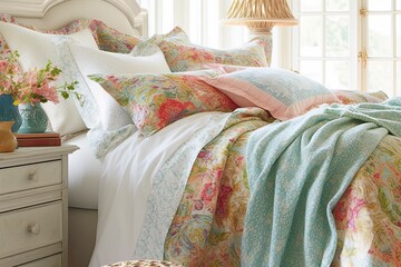 cozy bed with a floral comforter and pillows