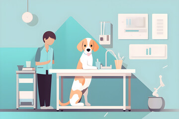  Flat vector illustration cute puppy in veterinary hospital 