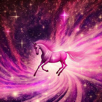 Beautiful illustration of realistic pink unicorn with twinkling bright magic sparkle around colorful mythical fantasy horse with horn. Ravishing enchanted animal from fairytale by generative AI.