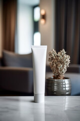 Moisturiser hand cosmetic cream white plastic tube mockup front view. AI Generative