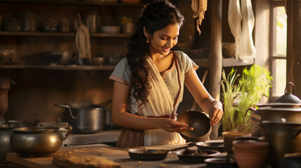 An elegant ethnic girl in a traditional attire, joyfully cooking a delicious meal in a rustic kitchen with antique utensils Generative AI