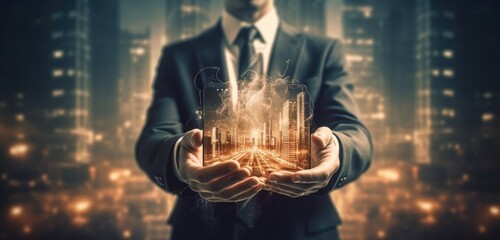 Businessman holding the city in his hands Generative AI