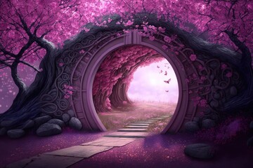 mysterious purple tunnel with a pathway beckoning to explore. Generative AI