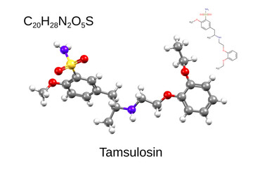 Chemical formula, skeletal formula and 3D ball-and-stick model of tamsulosin