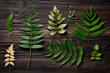 Illustration of various types of leaves arranged on a wooden table