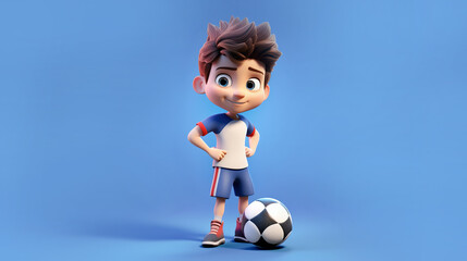 Cartoon boy in sportswear with a soccer ball on a blue background. Place for text. AI generation
