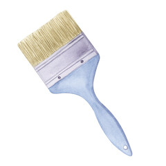 Paint brush, bristles, blue handle, repair tool. Decorating and designing interior, repainting walls color. Hand drawn watercolor illustration isolated transparent background