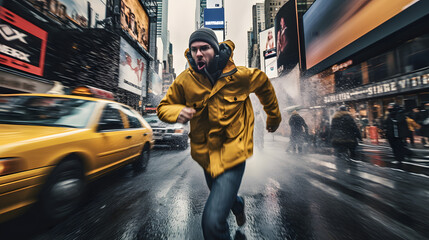 Man in Yellow Jacket Running bustling urban street capturing the motion and vibrant colors