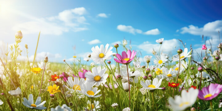 Picturesque spring scene with a blooming glade, vibrant flowers, and a clear blue sky - AI Generated