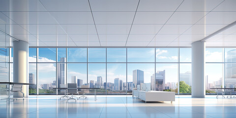 Plakat Modern office with beautiful light-filled interior, panoramic windows and elegant lighting - AI Generated