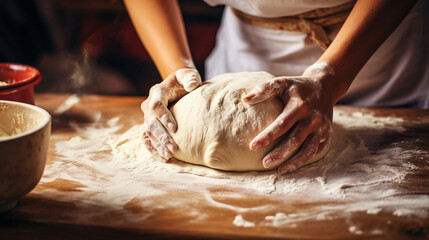 A close-up shot of an ethnic girl's hands kneading dough on a wooden countertop, creating traditional homemade bread Generative AI
