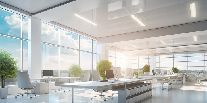 Modern office with beautiful light-filled interior, panoramic windows and elegant lighting -  AI Generated