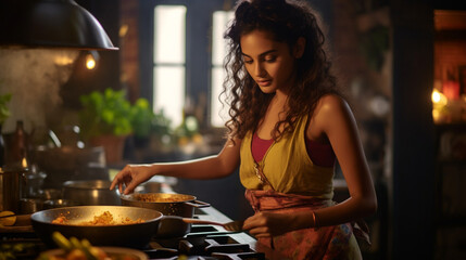 An ethnic girl wearing a colorful apron, passionately stirring a pot of aromatic curry on a vintage stove in a cozy kitchen Generative AI