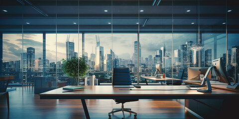 Modern office with beautiful light-filled interior, panoramic windows and elegant lighting -  AI Generated