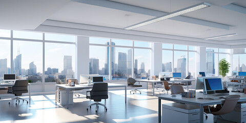 Fototapeta na wymiar Modern office with beautiful light-filled interior, panoramic windows and elegant lighting - AI Generated