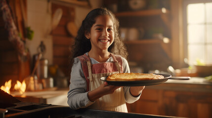 An ethnic girl showcasing her culinary skills by expertly flipping a pancake in a cast-iron skillet in a charming farmhouse kitchen Generative AI