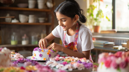 Fototapeta premium An ethnic girl skillfully decorating a cake with intricate designs using piping bags and edible flowers in a well-equipped kitchen Generative AI