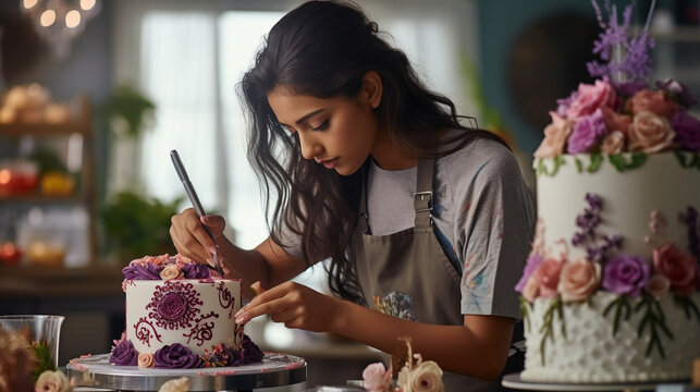 An ethnic girl skillfully decorating a cake with intricate designs using piping bags and edible flowers in a well-equipped kitchen Generative AI