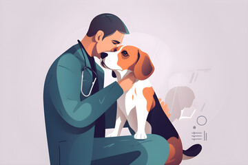  Flat vector illustration cropped view of veterinarian examining beagle dog isolated on grey 