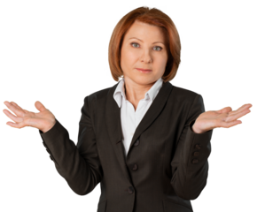 Adult businesswoman shrugs up gestures confusion