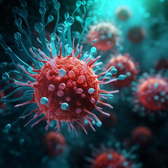 Fototapeta na wymiar Beautiful 3d rendering of VIRUS microscope. perfect background for your computer or laptop. Perfect colors are beautiful. Perfect to use for your website, content, linkedin post (Generated with AI)