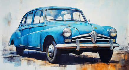Blue rusted classic in the style of artistic watercolor brush strokes.  

