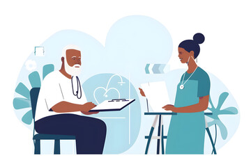 Fototapeta na wymiar Flat vector illustration consulting medical and checklist with old man and nurse for retirement rehabilitation or physical therapy help empathy and healing w patient and black woman in nursing home f