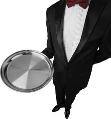Elegant waiter hand in white glove holding an empty plate