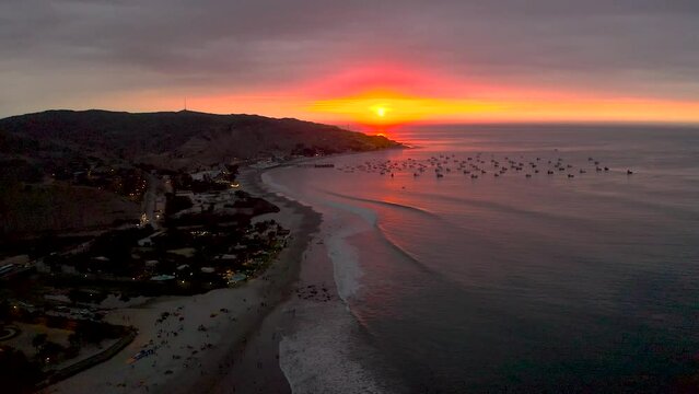 sunset on the beach of mancora located in the north of Peru, Piura.