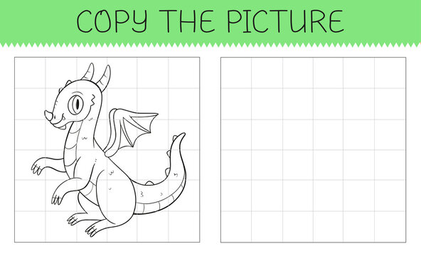 Copy the picture is an educational game for kids with cute dragon. Cute cartoon dragon coloring book.