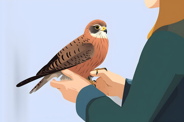  Flat vector illustration common kestrel falco tinnunculus in the hands of a veterinarian 