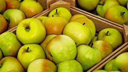 Fresh newly harvested apples inside crates. 3D illustration