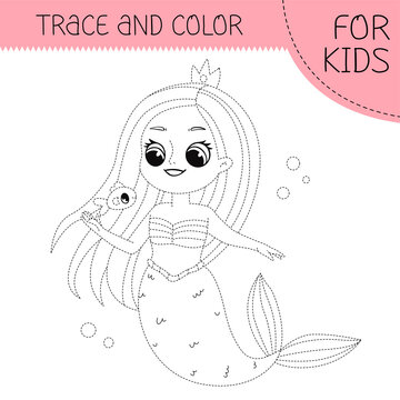 Trace and color coloring book with mermaid for kids. Coloring page with cute cartoon mermaid. square illustration.