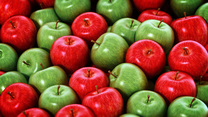 Stack of fresh green and red apples. 3D illustration