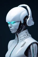 A white robot with headphones and glowing eyes. Generative AI.