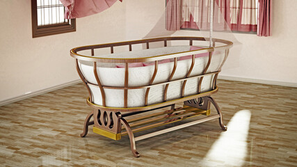 Obraz na płótnie Canvas Classic style baby crib standing at the center of the room. 3D illustration