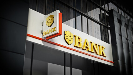 Bank signboard with fictitious logo on building exterior. 3D illustration