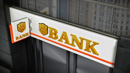 Bank signboard with fictitious logo on building exterior. 3D illustration