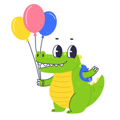 Cute crocodile character waves his hand and holds balloons. Cartoon flat baby crocodile with backpack.