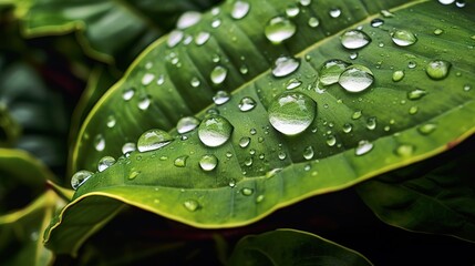 Crystal clear raindrops on a vibrant green leaf