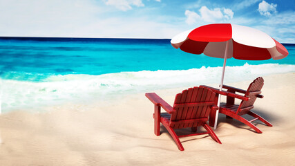 Umbrella and two sunbeds standing on the beach by the seashore. 3D illustration