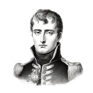 Black and white vintage engraving, headshot portrait of Napoleon Bonaparte with in military uniform, face straight-on, facing camera, white background - Generative AI