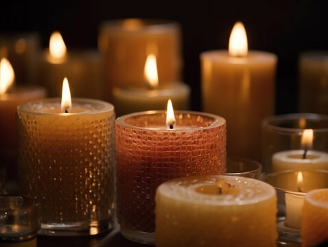 Candles for Diwali or other lights festival or holiday. Religion, spiritual night or mourning closeup background. Generative AI
