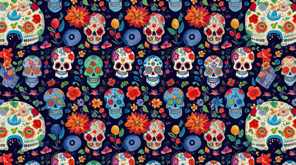 Background with colored skulls for the day of the dead, generative ai 