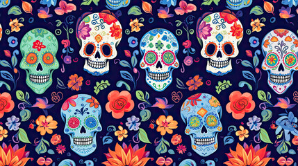 Background with colored skulls for the day of the dead, generative ai 